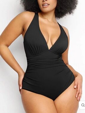 Shapellx Smart Sculpt Plunge Cutout Swimsuit Medium 8 10 Black V Neck Cross Back